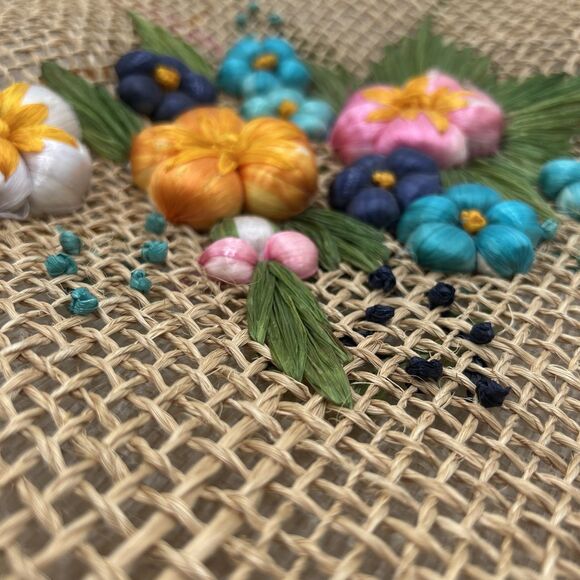 Handbag Tote Weaved Jute Floral Vase Design Wooden Handles Summer Beach Vacation - Picture 4 of 7